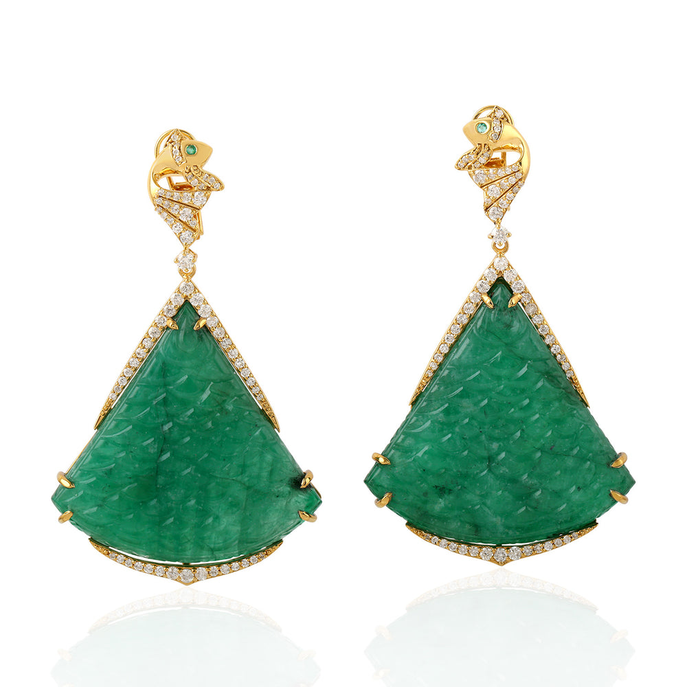 18k Yellow Gold Carving Emerald Pave Daimond Fish Dangle Earrings Handmade Jewelry