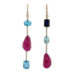 Natural Carved Ruby Topaz Lolite Diamond Long Drop Danglers In 18k Yellow Gold