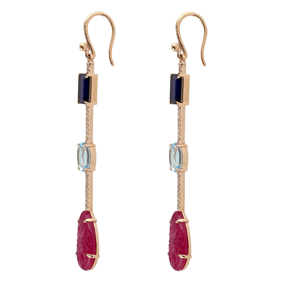 Natural Carved Ruby Topaz Lolite Diamond Long Drop Danglers In 18k Yellow Gold