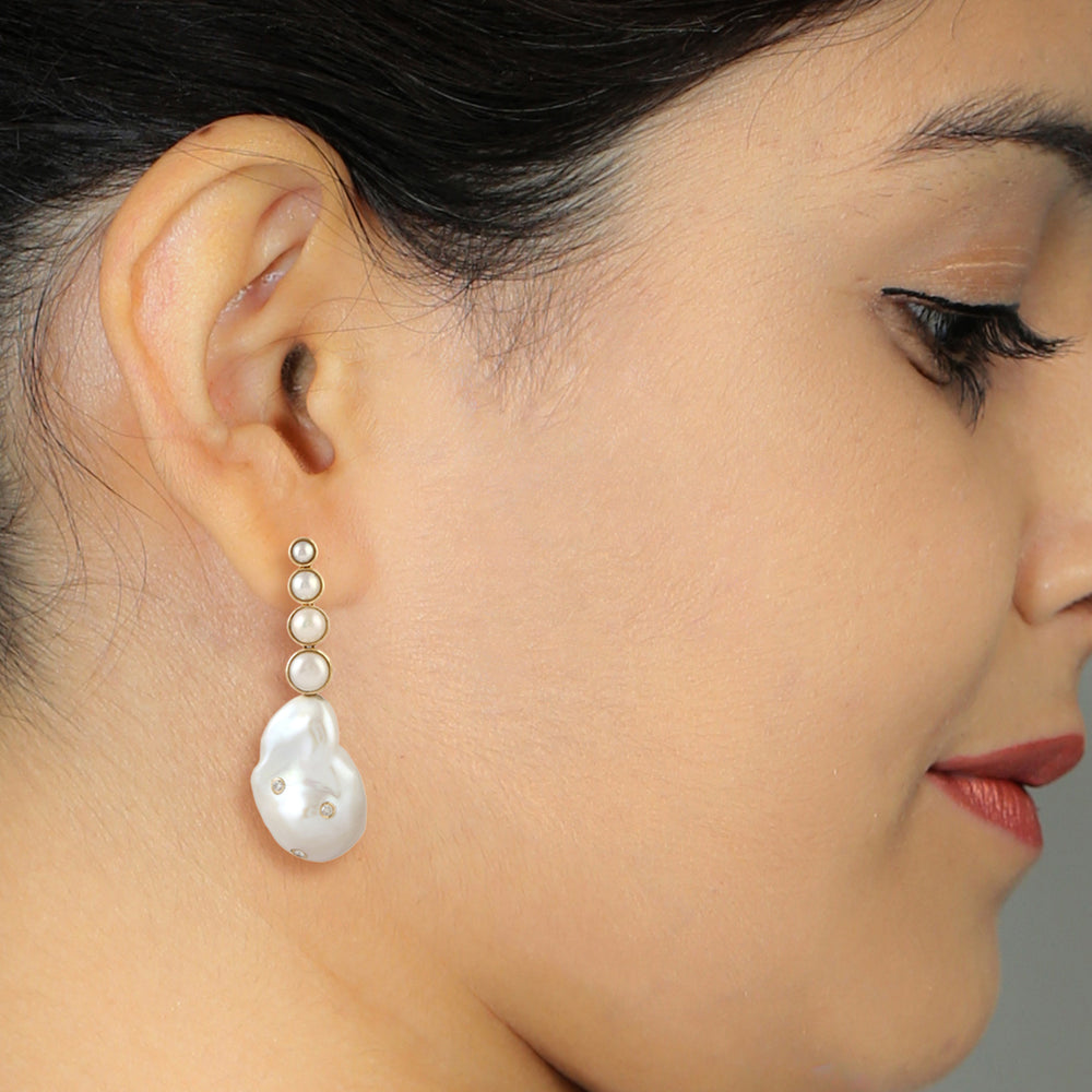 Pearl Diamond Drop Dangle Earrings 18k Yellow Gold Beautiful Jewelry
