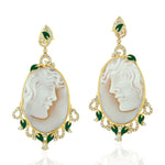 Carved Shell Cameo Diamond Floral Danglers In 18k Yellow Gold