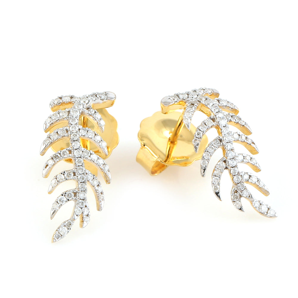 Natural Diamond Stud feather Design 18k Yellow Gold Gift