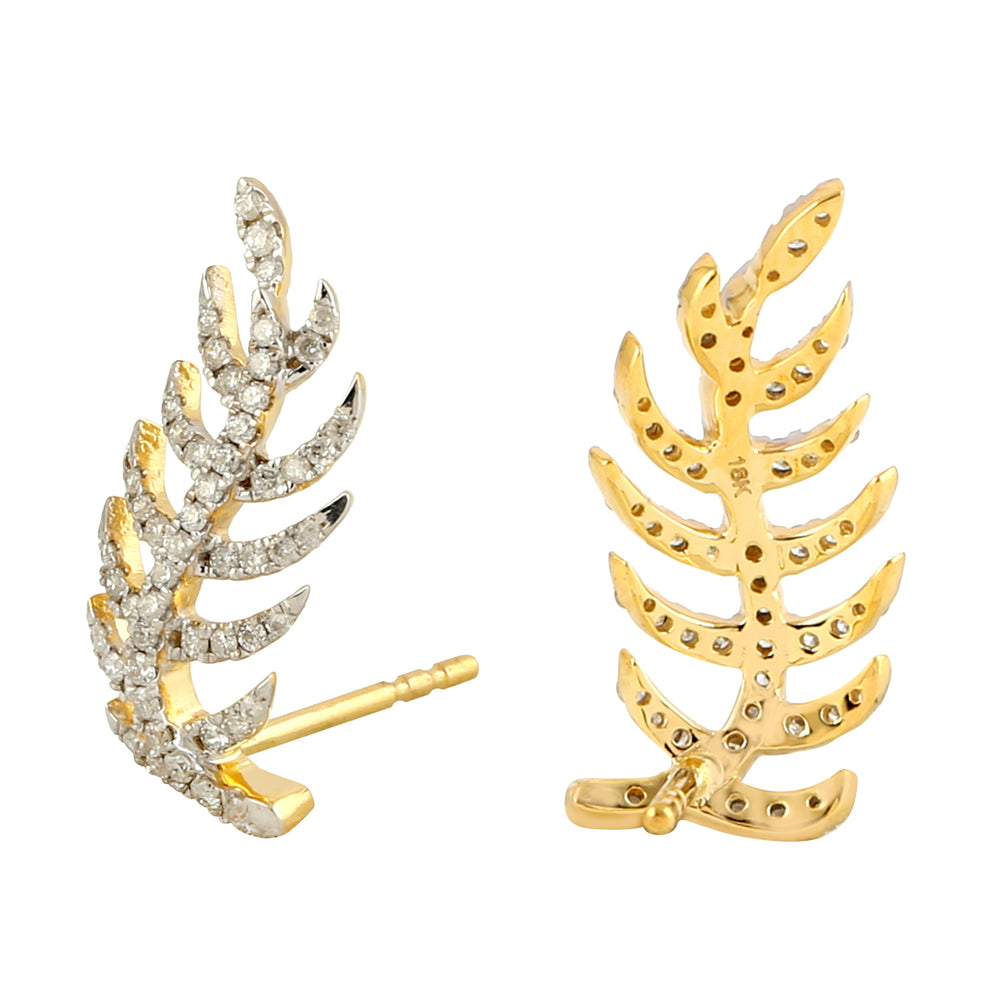 Natural Diamond Stud feather Design 18k Yellow Gold Gift