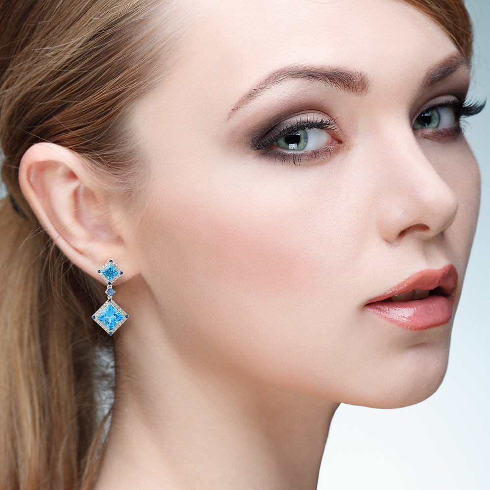 Sapphire Dangle Earrings 18k White Gold Diamond Gemstone Handmade Jewelry Gift