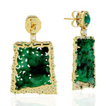 18k Yellow Gold Handcarved Jade Pave Diamond Gemstone Designer Dangler Earrings Gift