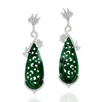 18k White Gold Flower Carving Jade Dangle Earrings Diamond Jewelry