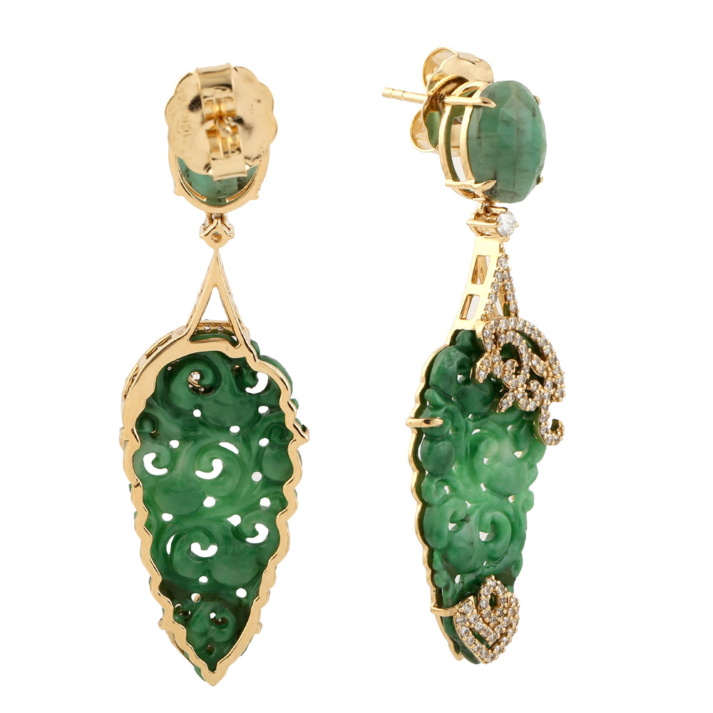 Jade Carving Diamond Dangle Earrings 18k Yellow Gold Handmade Jewelry