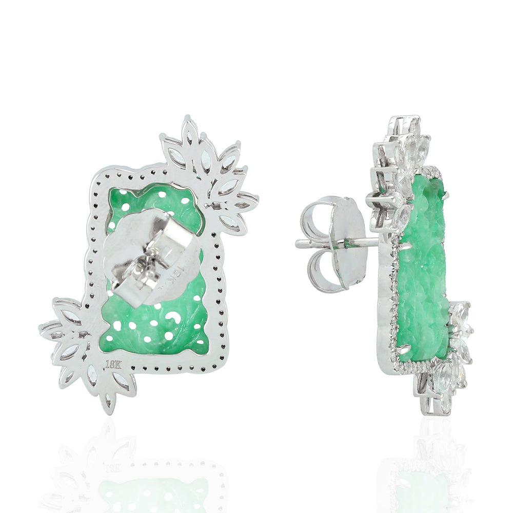 Carved Jade Marquise Cut Gemstone Designer Stud Earring Gift For Her In 18k White Gold