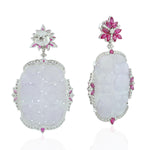 Natural Ruby Diamond Carved Jade Beautiful Danglers in 18k White Gold