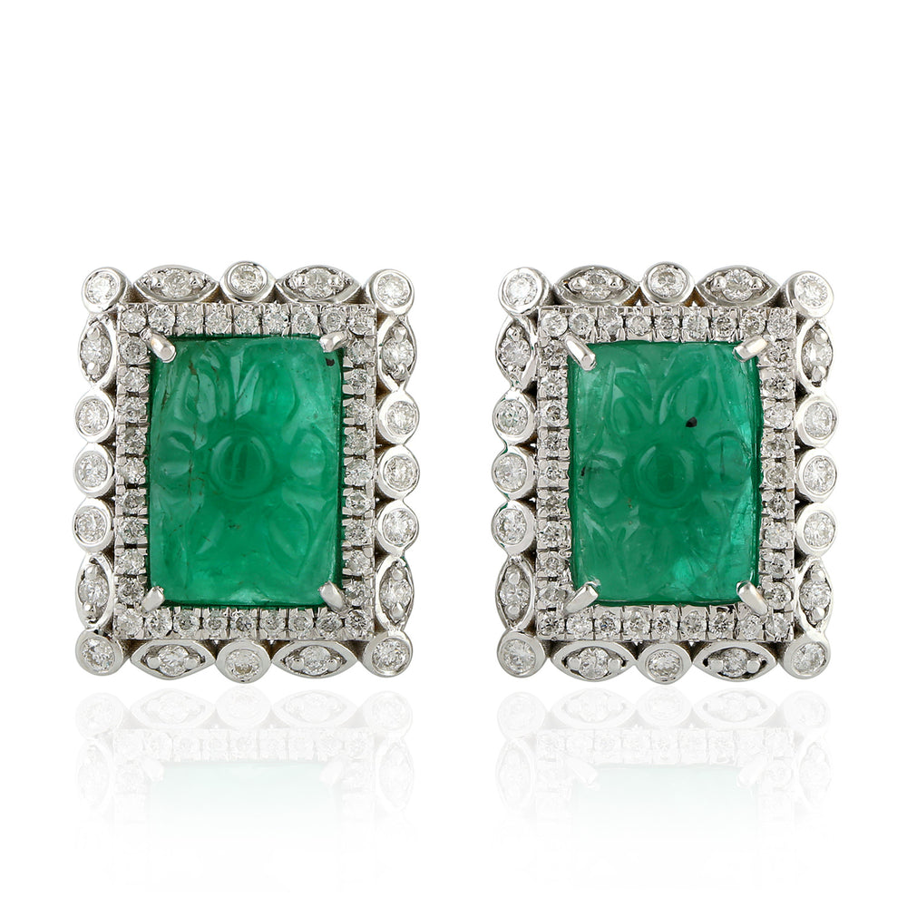 Natural Diamond Rectangle Carved Emerald Danglers in 18k White Gold