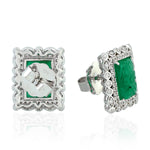 Natural Diamond Rectangle Carved Emerald Danglers in 18k White Gold