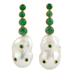 Emerald Drop/Dangle Earrings 18k Yellow Gold Pearl Handmade Jewelry