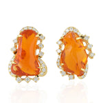 Fire Opal Stud Earrings 18k Yellow Gold Diamond Handmade Jewelry