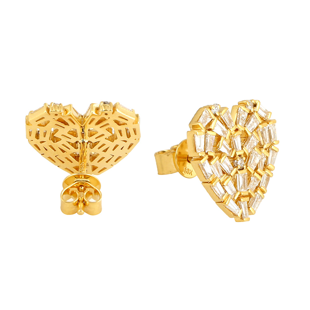 Tapered Baguette Cluster Heart Stud earrings In 18k Yellow Gold
