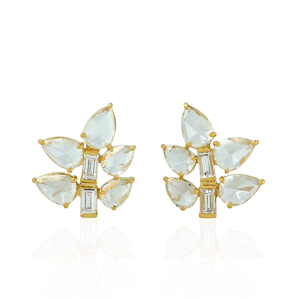 Diamond Leaf Stud Earrings 18k Yellow Gold Handmade Jewelry