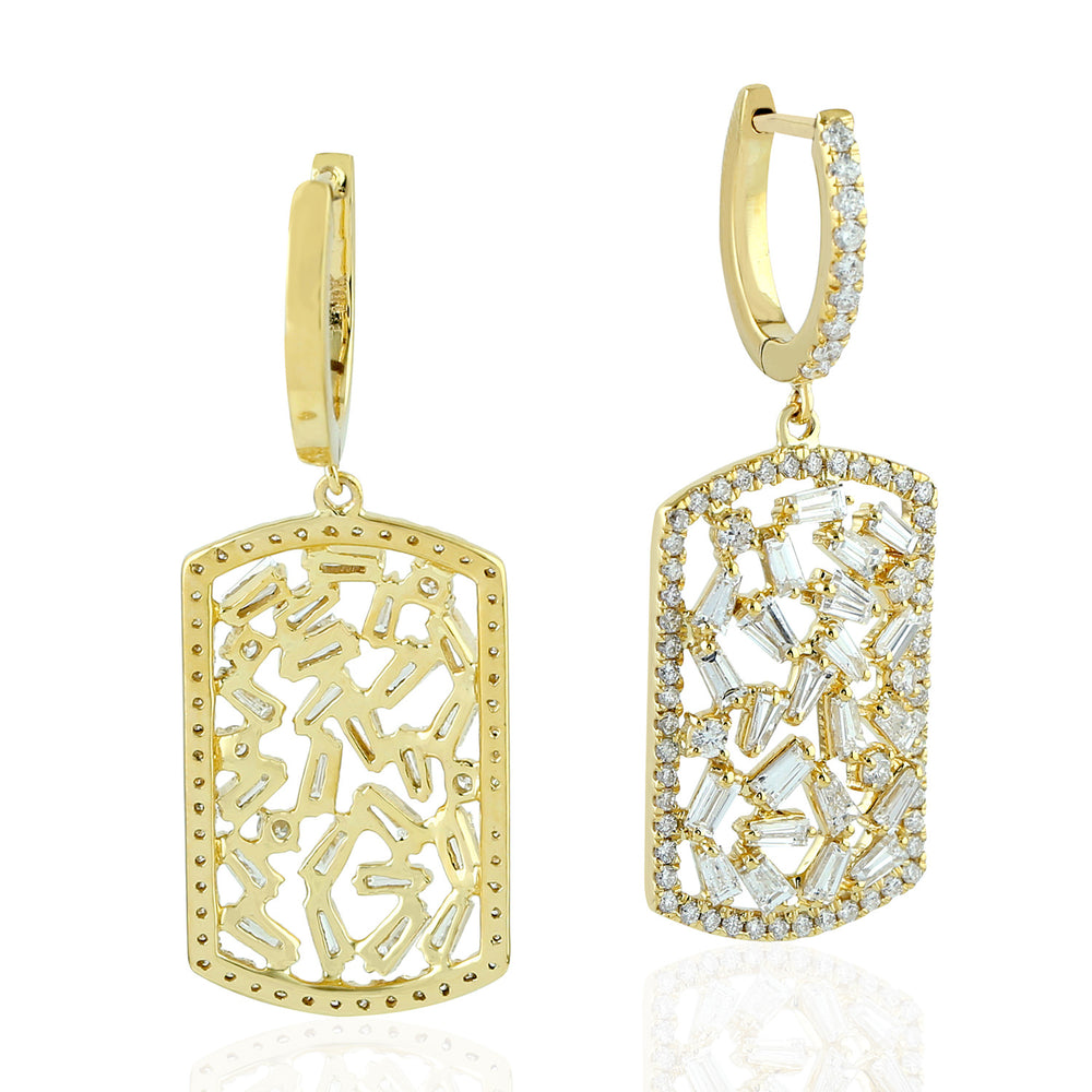 Baguette Diamond Dog Tag Dangle Earrings 18k Yellow Gold Women Jewelry Gift