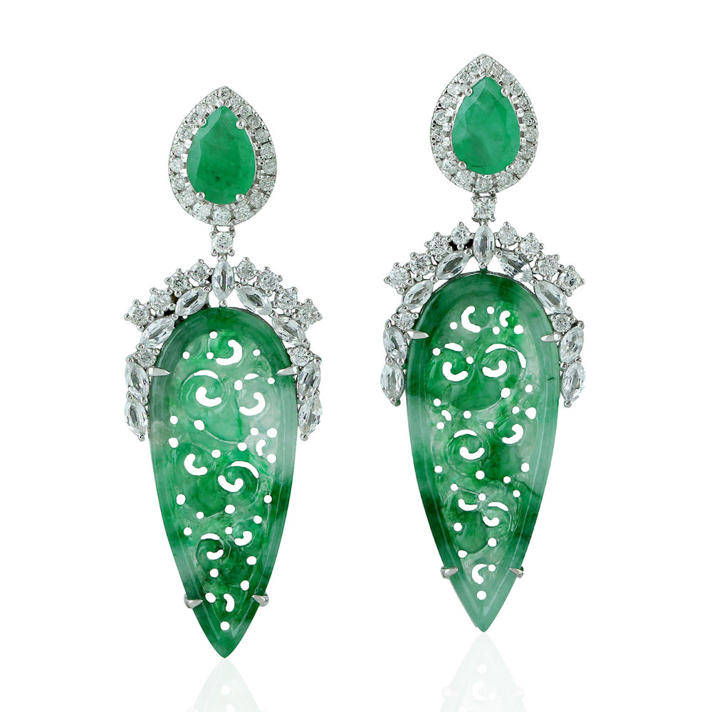 Natural Emerald Sapphire Diamond Carved Jade Filigree Danglers In 18k White Gold