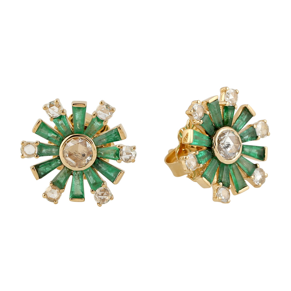 Baguette Emerald Diamond Stud Earrings 18K Yellow Gold Jewelry