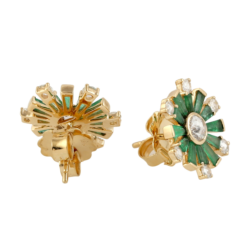 Baguette Emerald Diamond Stud Earrings 18K Yellow Gold Jewelry