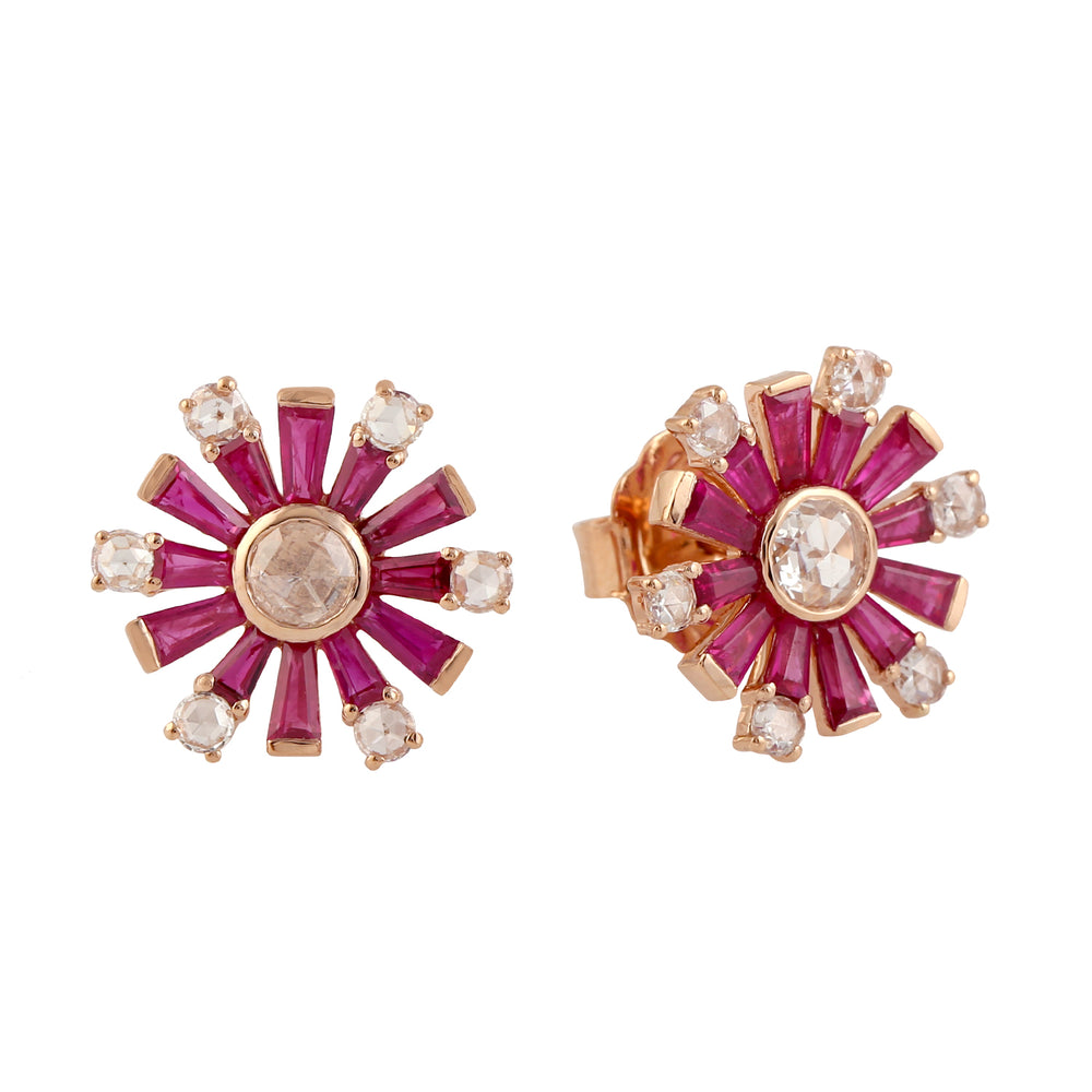 Baguette Ruby Diamond Stud Earrings 18K Rose Gold Jewelry