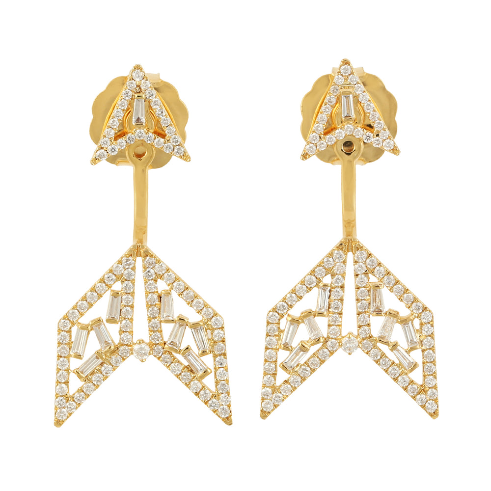 Baguette Diamond Ear Jacket Earrings 18K Yellow Gold Jewelry