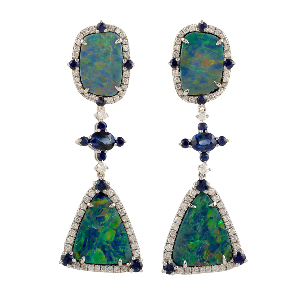 Opal Diamond Dangle Earrings 18K White Gold Jewelry