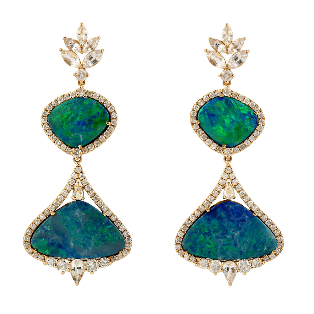 Opal Diamond Dangle Earrings 18K Yellow Gold Jewelry