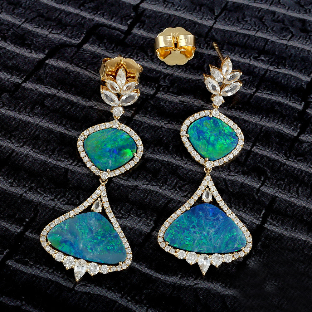 Opal Diamond Dangle Earrings 18K Yellow Gold Jewelry