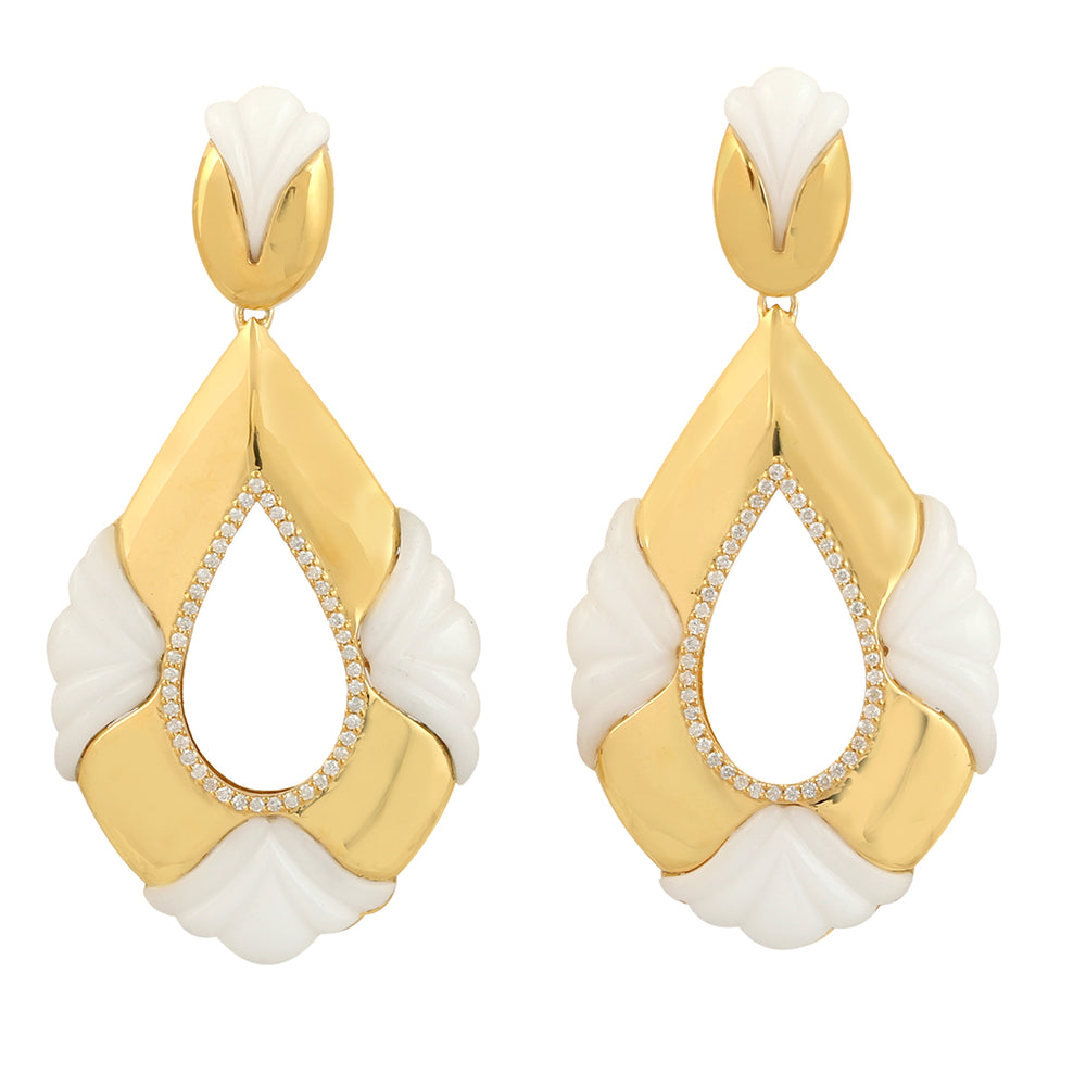 Yellow Gold Plated 925 Silver Carved White Agate Dangle Earrings Diamond Jewelry
