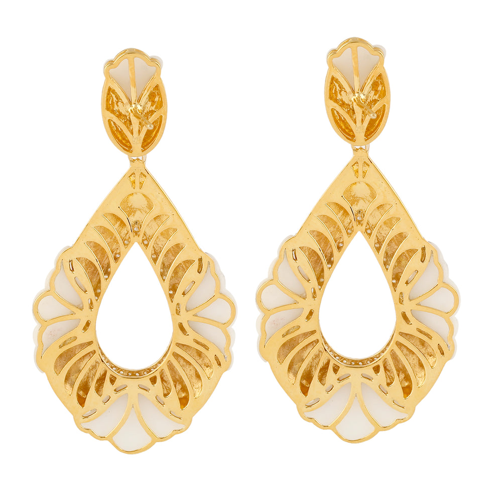 Yellow Gold Plated 925 Silver Carved White Agate Dangle Earrings Diamond Jewelry