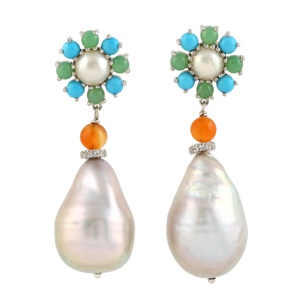 Natural Pearl Turquoise Cornelion Chalcedony Topaz Multiple Gemstone Dangle Earrings In 925 Sterling Silver