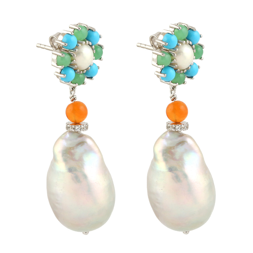 Natural Pearl Turquoise Cornelion Chalcedony Topaz Multiple Gemstone Dangle Earrings In 925 Sterling Silver
