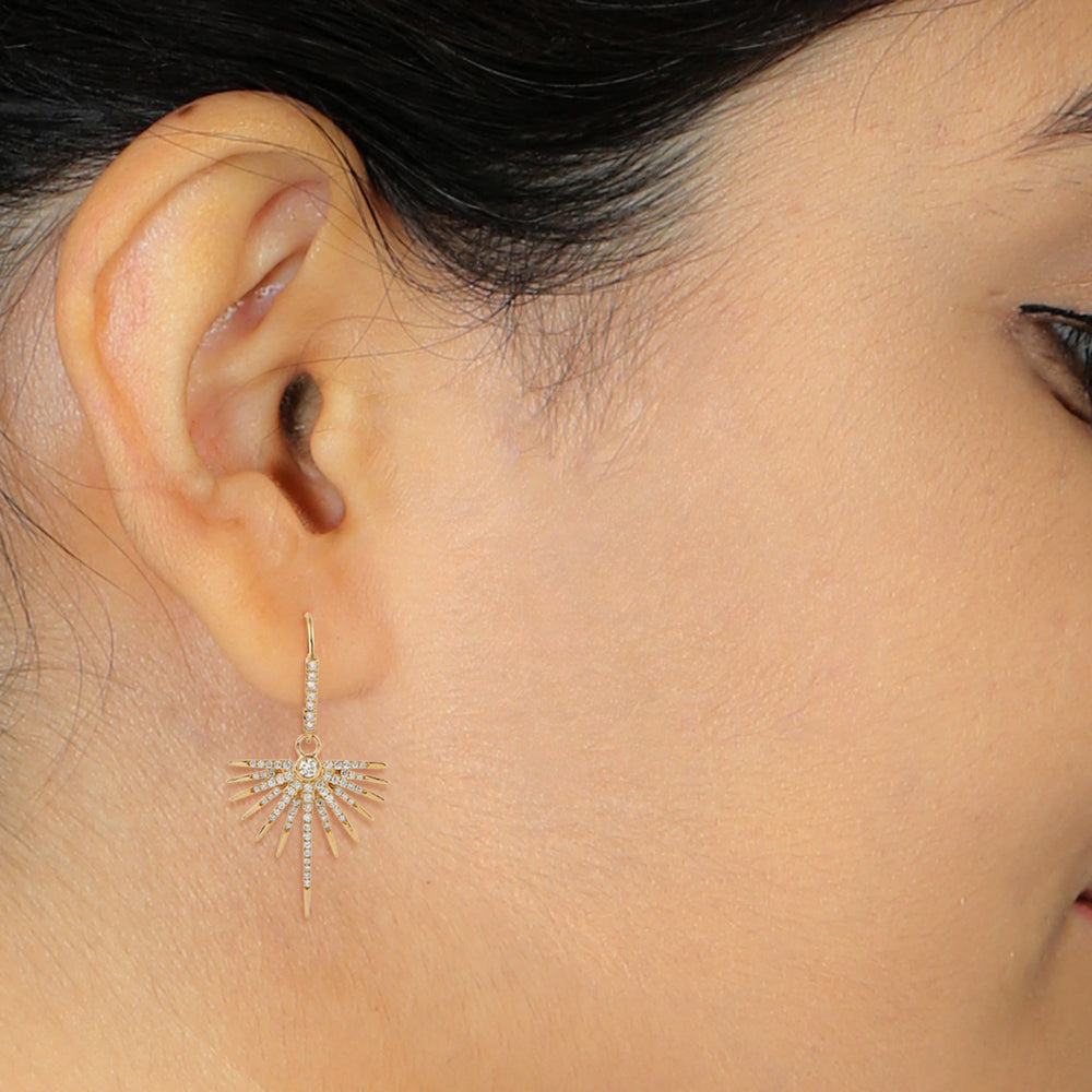18k Yellow Gold Natural Pave Diamond Star Burst Design Hook Dangle Earrings Beautiful Jewelry Gift For Women