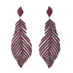 Pave Ruby 18k Gold 925 Silver Feather Dangle Earrings Handmade Jewelry