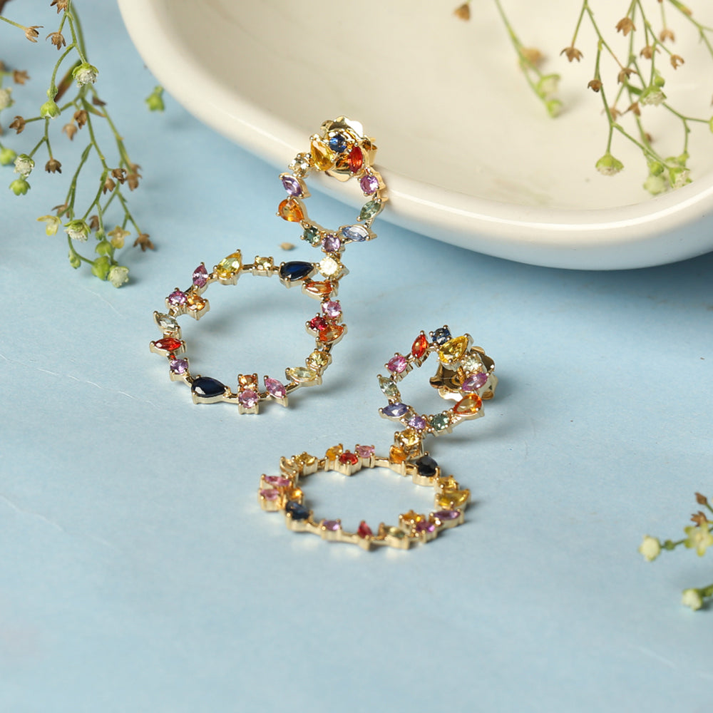 18k Yellow Gold Multi Sapphire Dangle Earrings Handmade Jewelry
