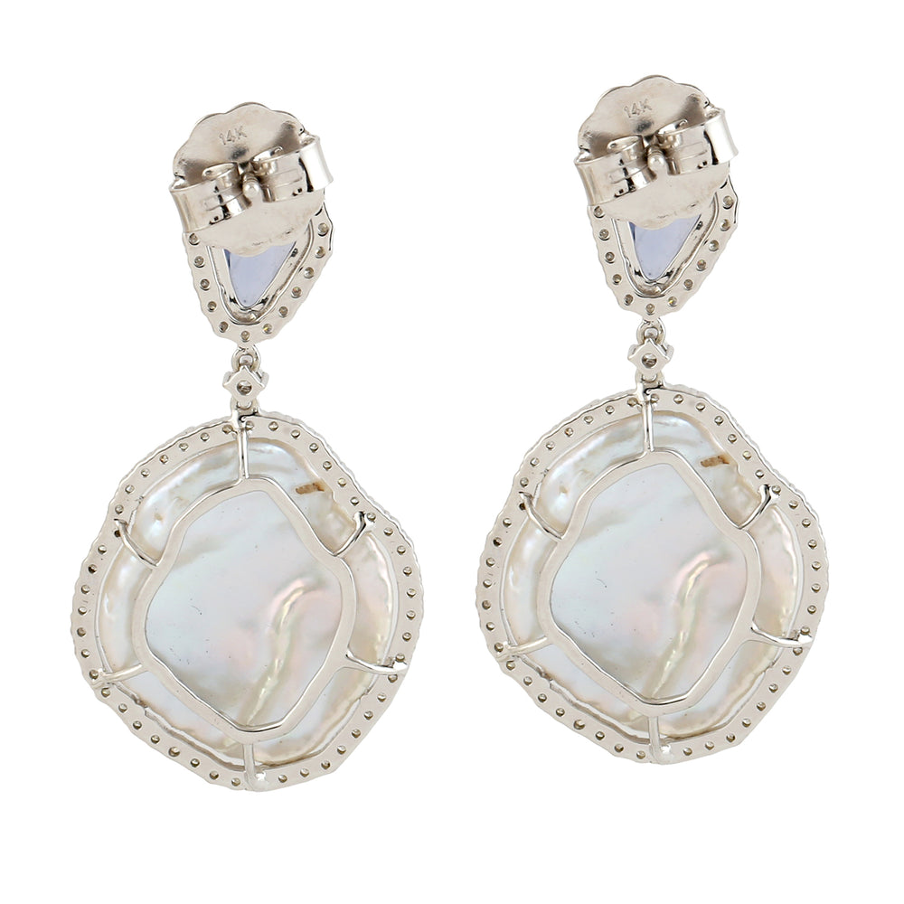 Natural Pearl & Diamond Dangle Earrings 14k Yellow Gold Diamond Earrings Handmade Jewelry