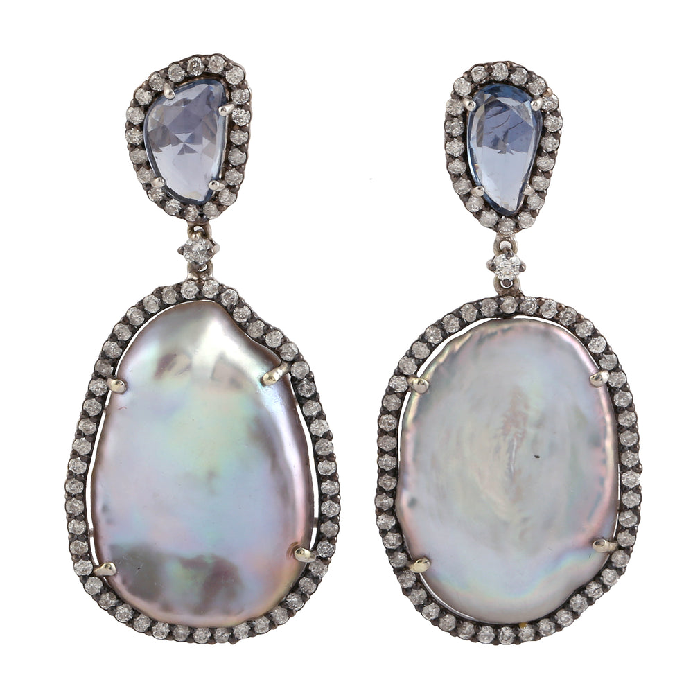 14k Gold Sapphire Diamond Pearl Dangle Earrings Women's Jewelry