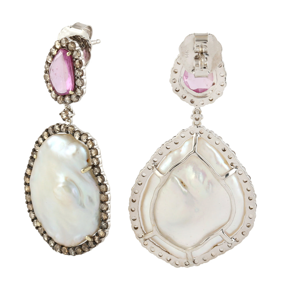 14k Gold Natural Pearl Diamond Dangle Earrings Handmade Jewelry