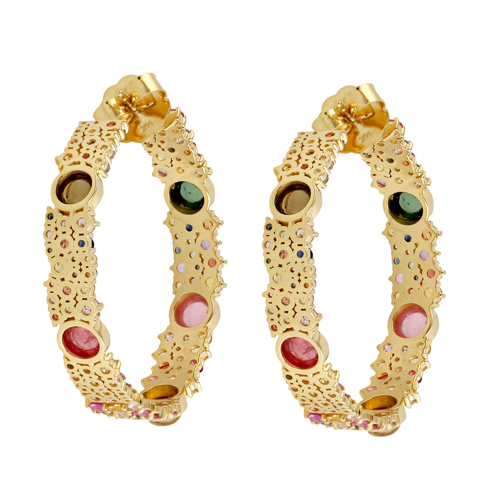 14k Yellow Gold Tourmaline Sapphire Hoop Earrings Handmade Jewelry