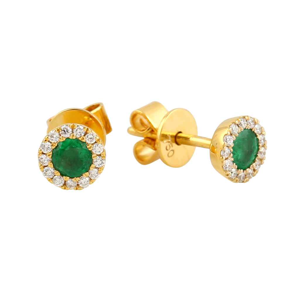 Emerald & Pave Diamond Halo Stud Earrings In 18k Yellow Gold