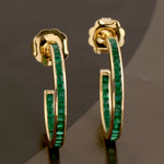 Channel Set Natural Emerald C Hoop Earrings Fashion Jewelry In 18k Yellow Gold