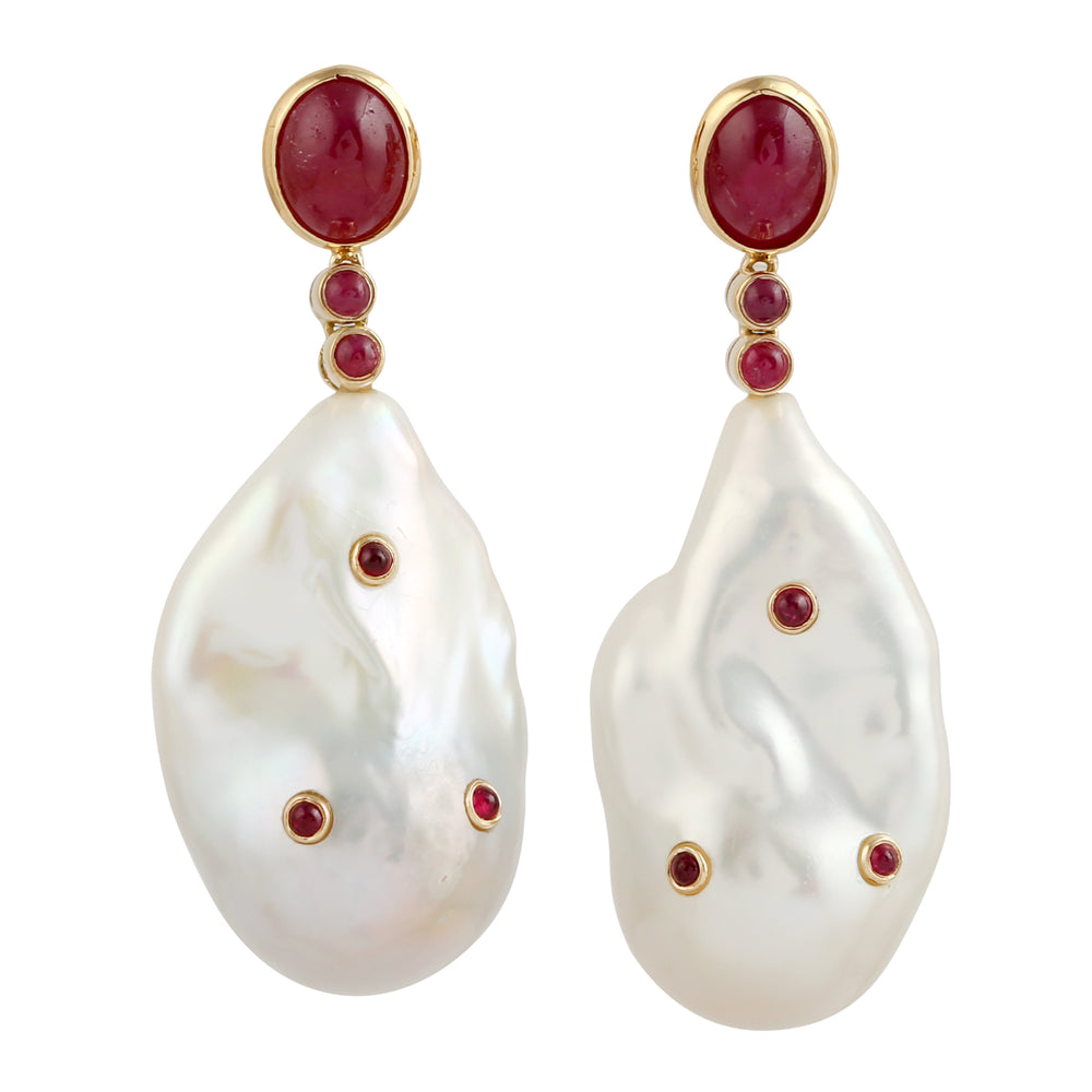 Pearl Dangle Earrings 18k Gold Natural Ruby Gemstone Handmade Jewelry
