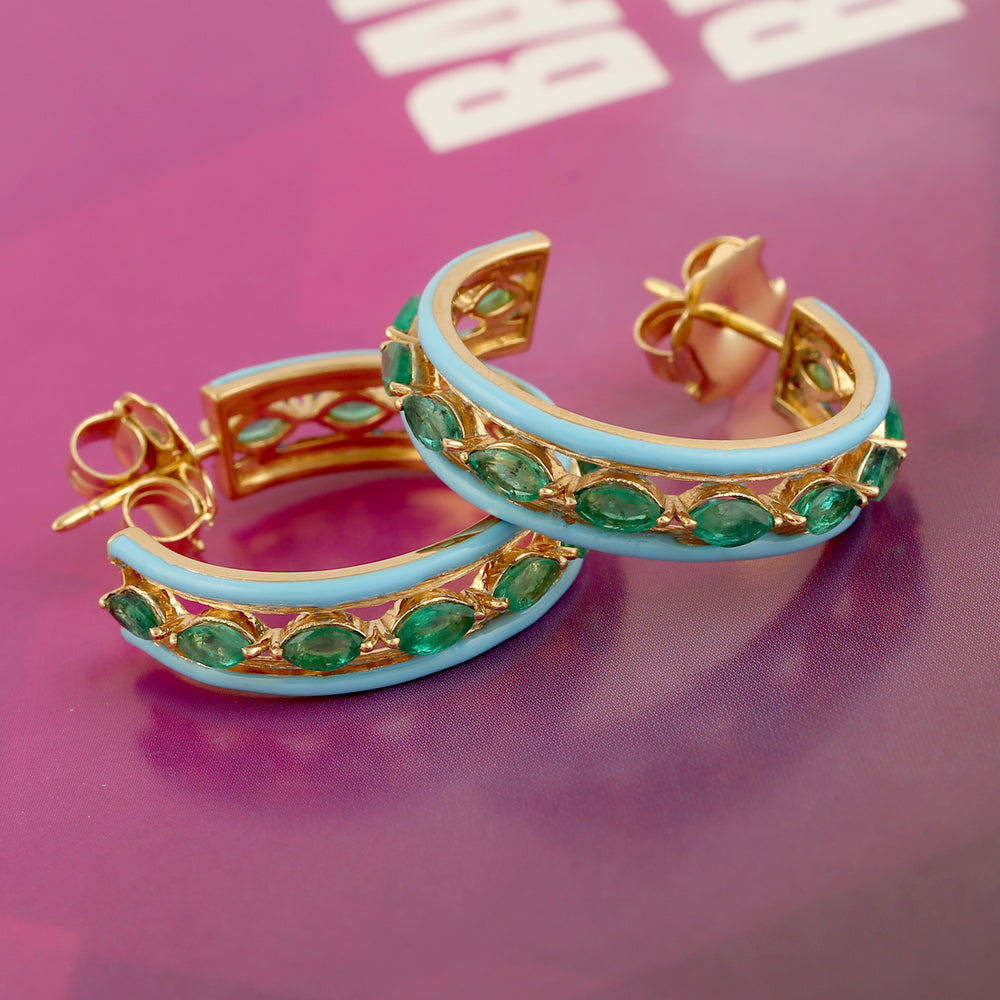 Marquise Cut Emerald Hoop Earrings 18k Yellow Gold Enamel Ear Jewelry