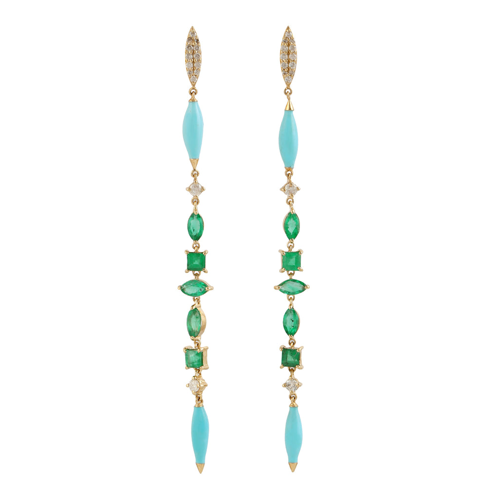 Natural Emerald Pave Diamond Gemstone Long Drop Earrings In 18k Yellow Gold For Her
