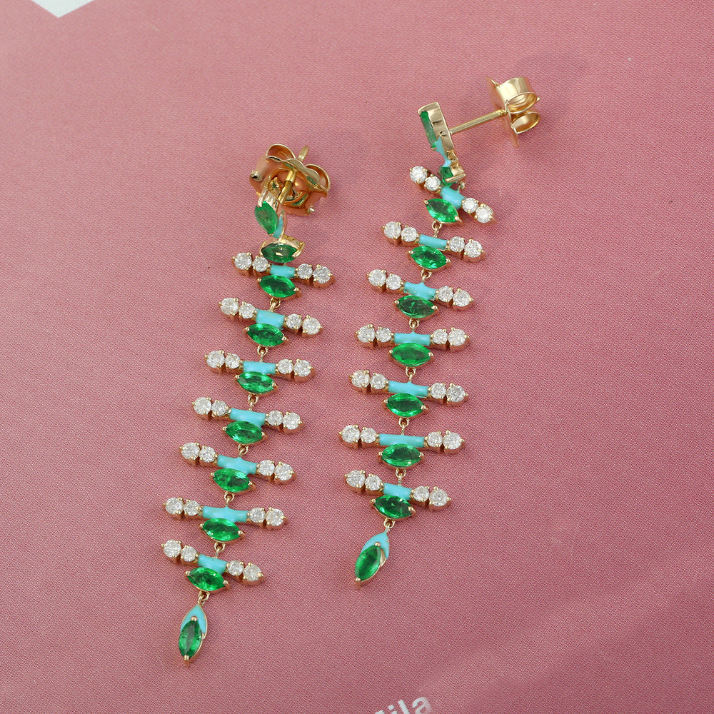 Natural Diamond & Emerald Gemstone Long Drop Dangle Earrings Enamel Jewelry In 18k Yellow Gold