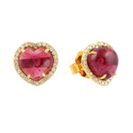 Pink Tourmaline Pave Diamond Heart Shaped Stud Earrings In 14k Yellow Gold