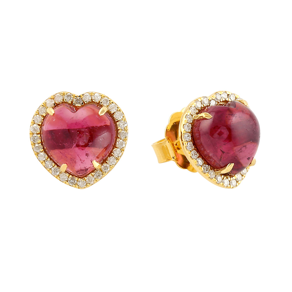 Pink Tourmaline Heart Shaped Beautiful Diamond Stud Earrings In 14k Yellow Gold