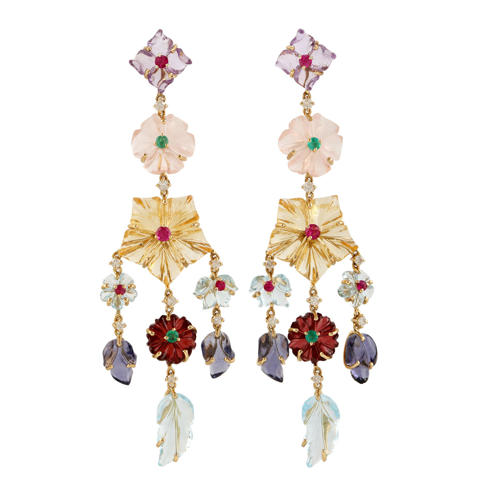Handcarved Flower Gemstone Ruby & Emerald, Diamond Chandelier Earrings In 18k Yellow Gold