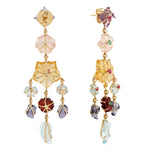 Handcarved Flower Gemstone Ruby & Emerald, Diamond Chandelier Earrings In 18k Yellow Gold