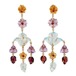 Handcarved Flower Natural Ruby Diamond Multiple Gemstone Chandelier Earrings In 18k Yellow Gold